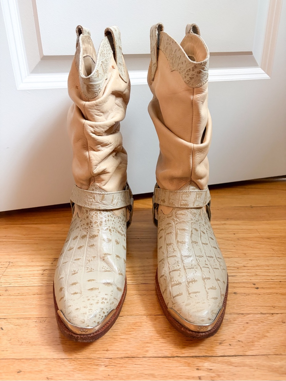 Women's Cream Croc-Embossed Western Ankle Boots steel toe all leather